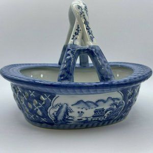 Bombay & Co Blue & White Reticulated Porcelain Basket Depicting Canton Harbor